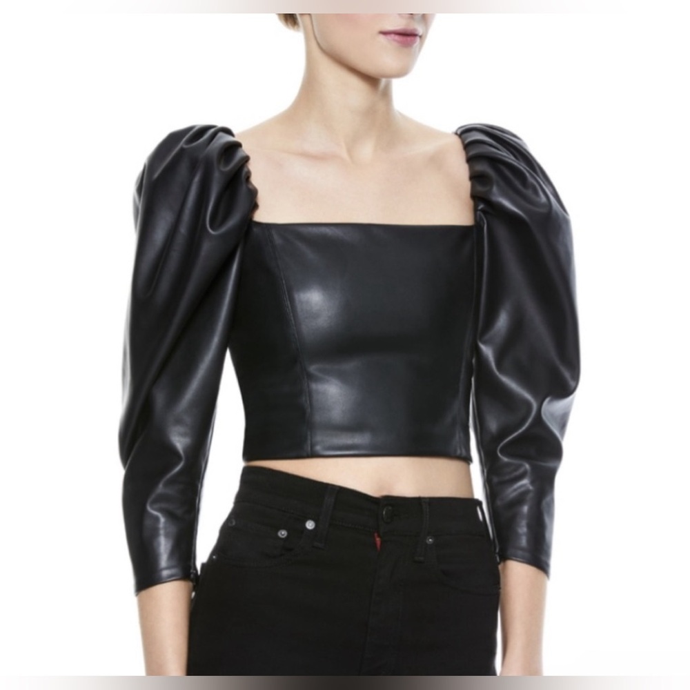 Women’s Alice + Olivia Black Leather Cropped Blouse with Puffed Sleeves